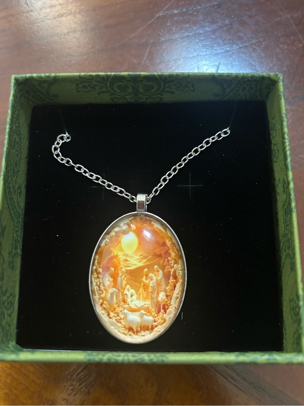 Silver-Tone Orange Cameo Nativity Pendant Necklace